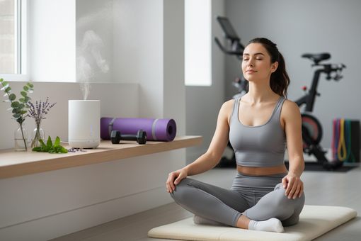 Relaxing yoga session highlighting essential oil diffuser benefits for fitness recovery and stylish home wellness