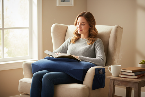 Comfortable lap pillow for reading in a cozy chair, perfect for relaxation and stylish home decor