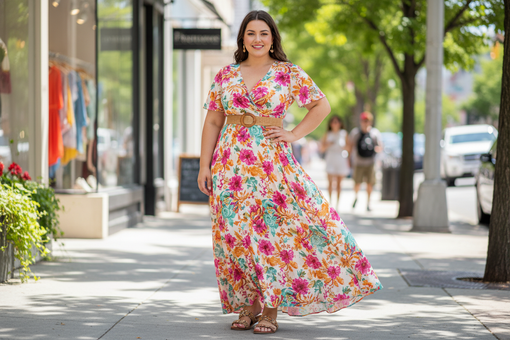 Confident woman wearing a floral bbw maxi dress, perfect for stylish summer outings and fashion inspiration