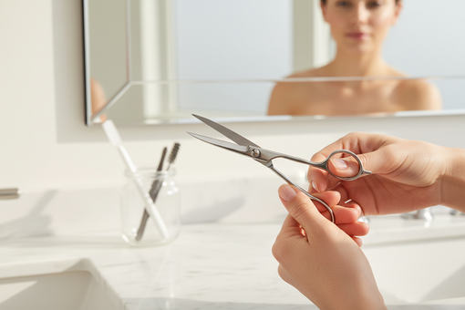 Eyebrow scissors for precise grooming in a modern bathroom, perfect for stylish self-care routines