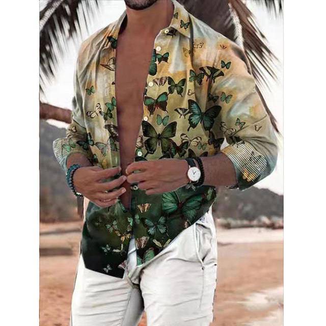 Vintage Shirt Men Long Sleeves Printed Hawaiian Beach Casual Single-Breasted Stand Collar Shirt - TheWellBeing4All