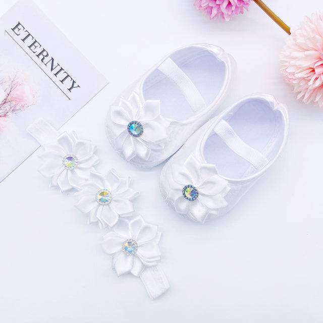 Baby Shoes Baptism White Bowknot Baby Girl Lace Shoes Headband Set Toddler Prewalker Cute Baby Soft Shoes for 0-18M Kids - TheWellBeing4All