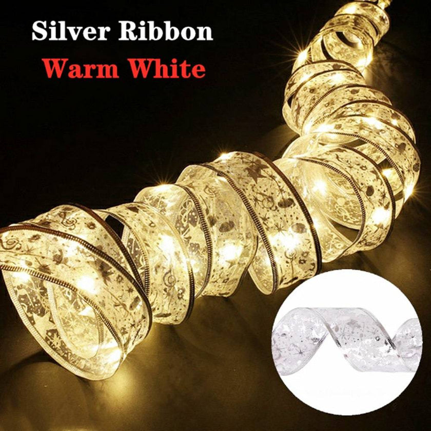 Christmas Ribbon Fairy Light Christmas Decoration DIY Bows String Light Tree Ornaments - TheWellBeing4All