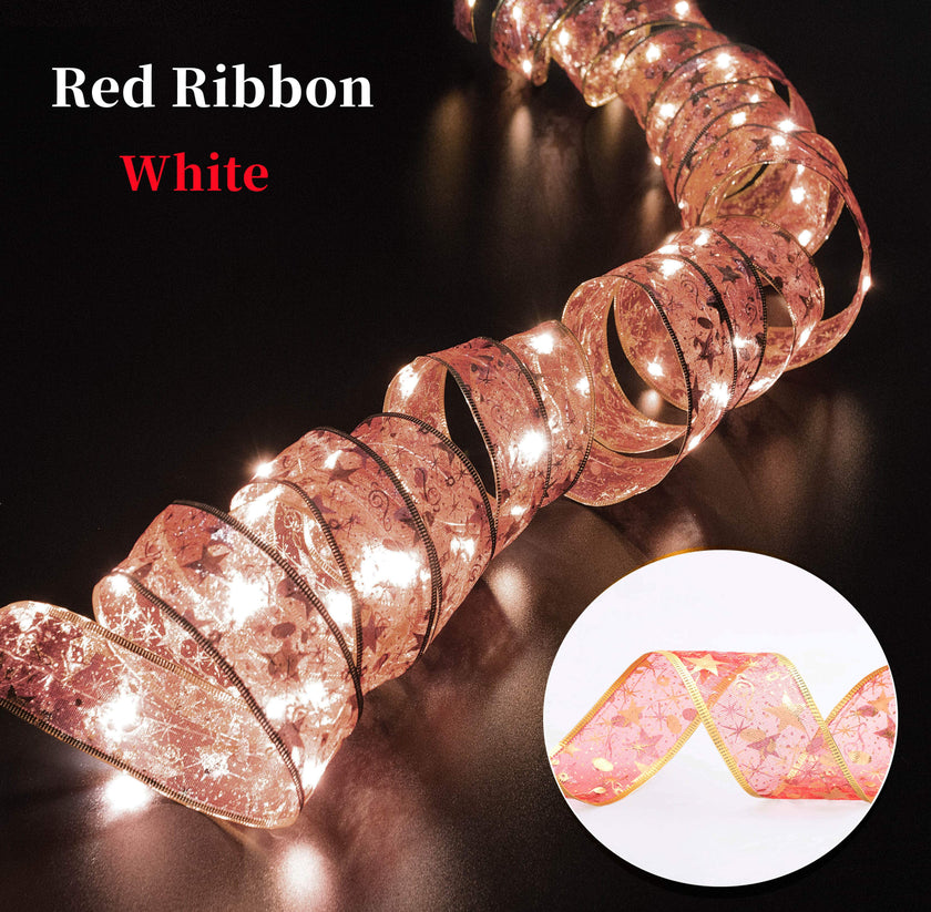 Christmas Ribbon Fairy Light Christmas Decoration DIY Bows String Light Tree Ornaments - TheWellBeing4All