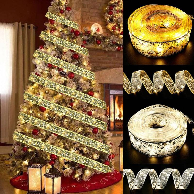 Christmas Ribbon Fairy Light Christmas Decoration DIY Bows String Light Tree Ornaments - TheWellBeing4All