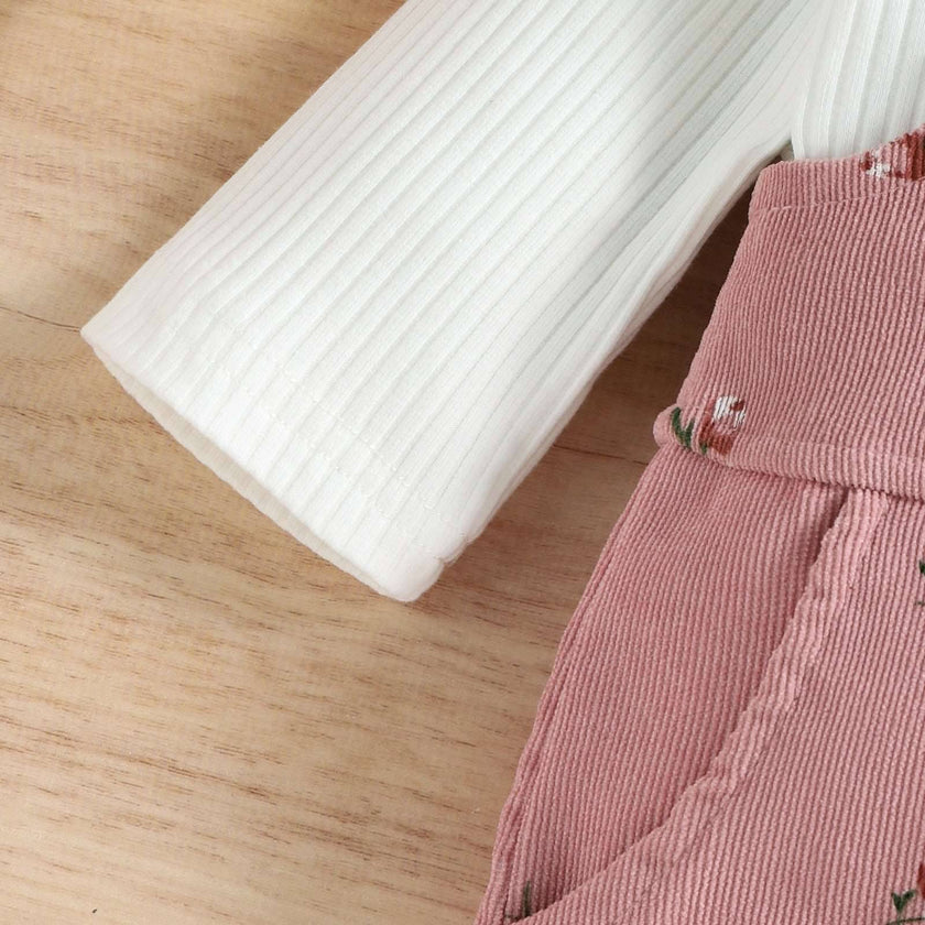 Kids Suit Set, Solid Color O-Neck Long Sleeve Tops+ Floral Print Suspender Trousers for Girls, 6 Months-4 Years - TheWellBeing4All