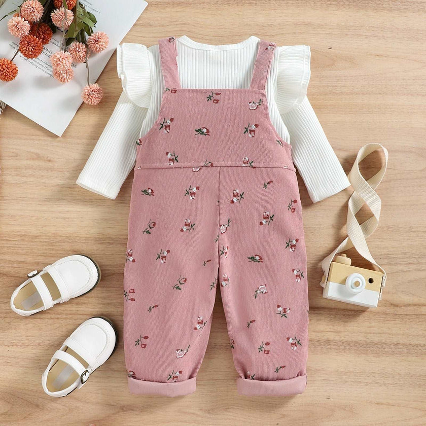 Kids Suit Set, Solid Color O-Neck Long Sleeve Tops+ Floral Print Suspender Trousers for Girls, 6 Months-4 Years - TheWellBeing4All