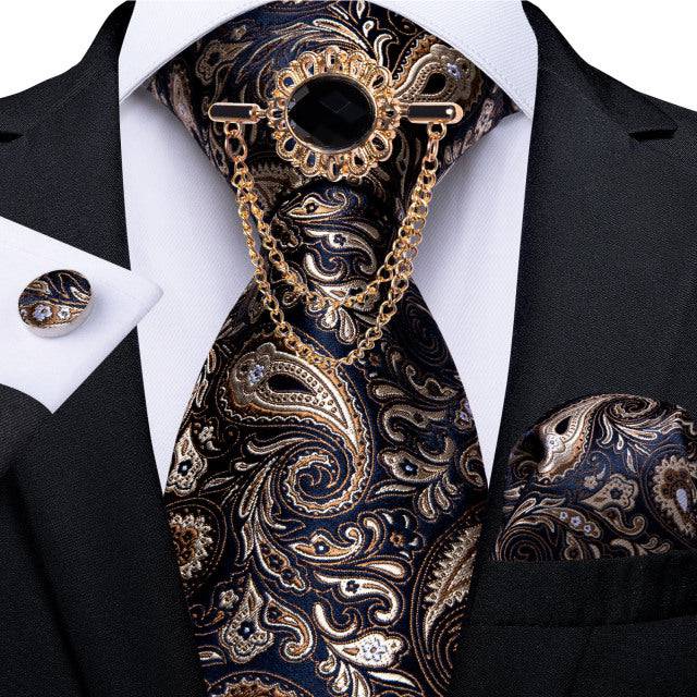 Tie Brooch Set Luxury Paisley Silk Tie Handkerchief Cufflinks Set - TheWellBeing4All