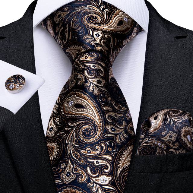 Tie Brooch Set Luxury Paisley Silk Tie Handkerchief Cufflinks Set - TheWellBeing4All