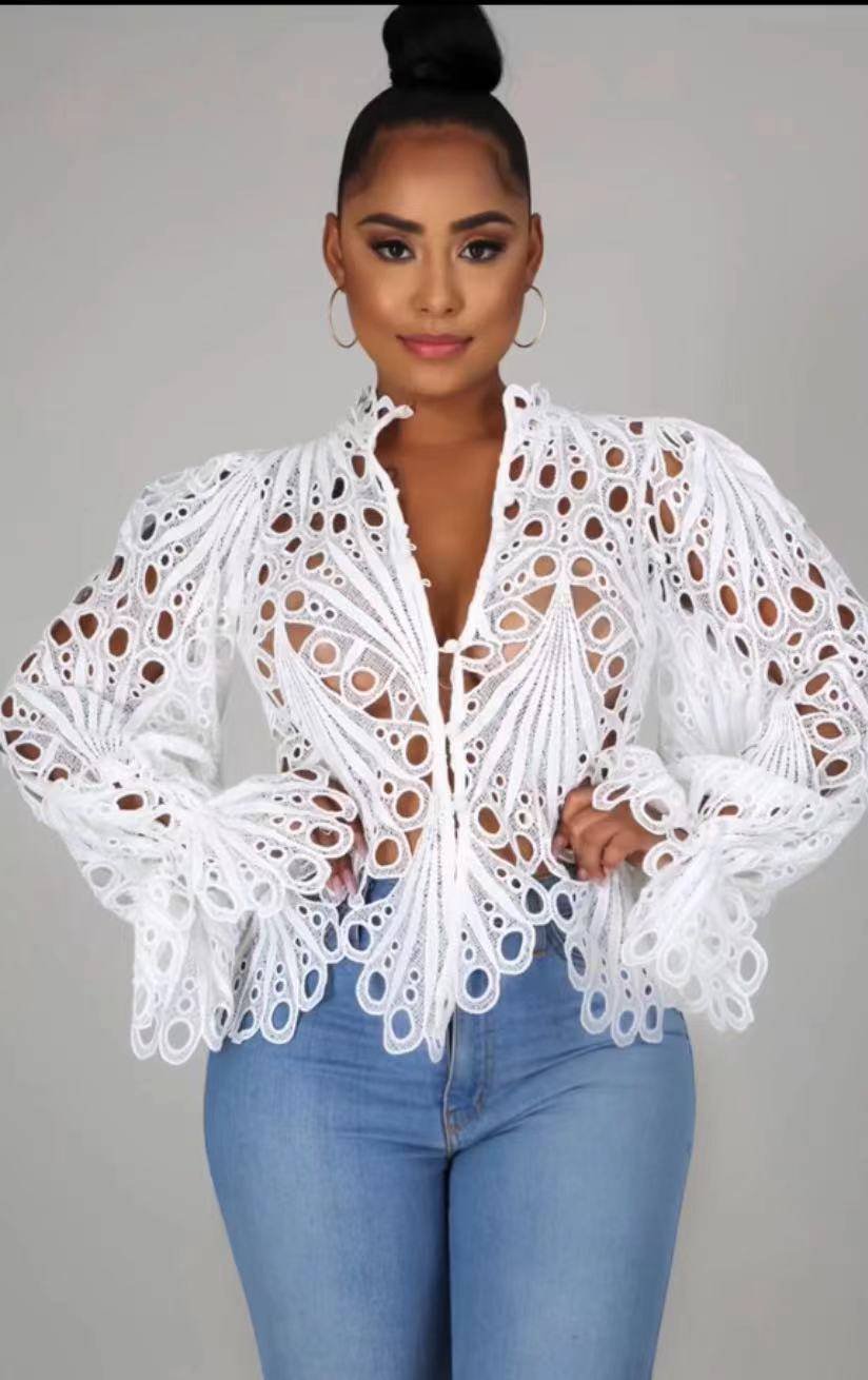 Women's Elegant V-Neck Hollow Out Mesh Lace Shirt - TheWellBeing4All