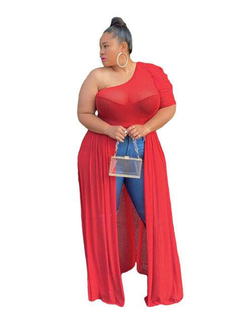 Short Sleeve Maxi Mesh Dress Transparent Sexy One Shoulder Chiffon Dress - TheWellBeing4All