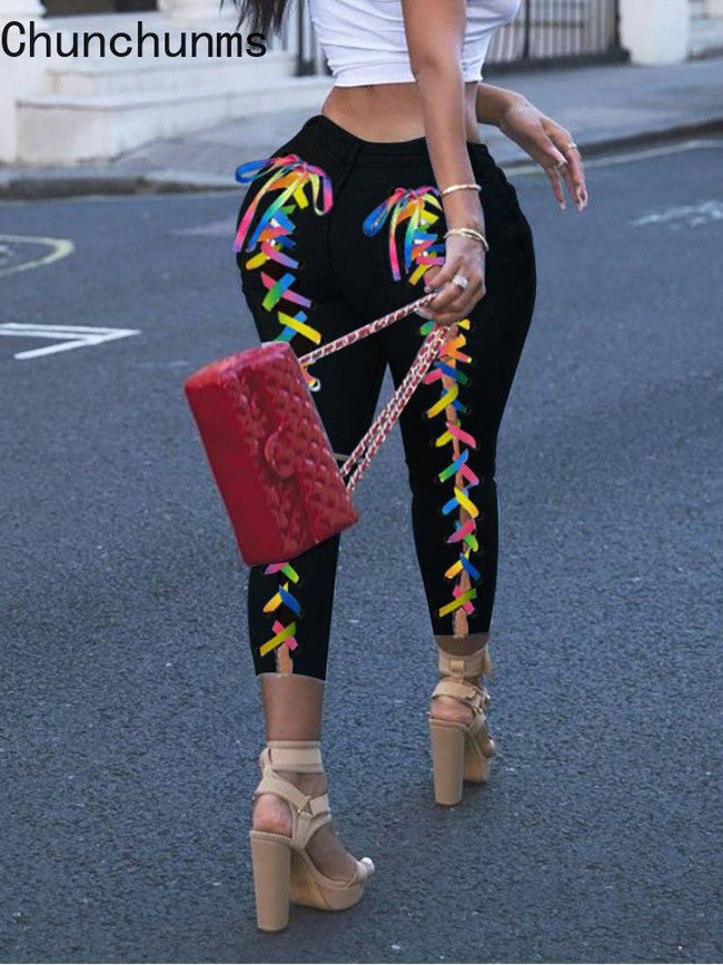 Rainbow Line Up Denim Pants Ribbon Lace Hole Cut Strench Jean Trousers - TheWellBeing4All