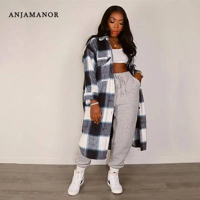 Elegant Fashion Checkered Coat Women Autumn Winter Clothing 2021 Single Breasted Long Flannel Plaid Jacket D74-DG57 - TheWellBeing4All