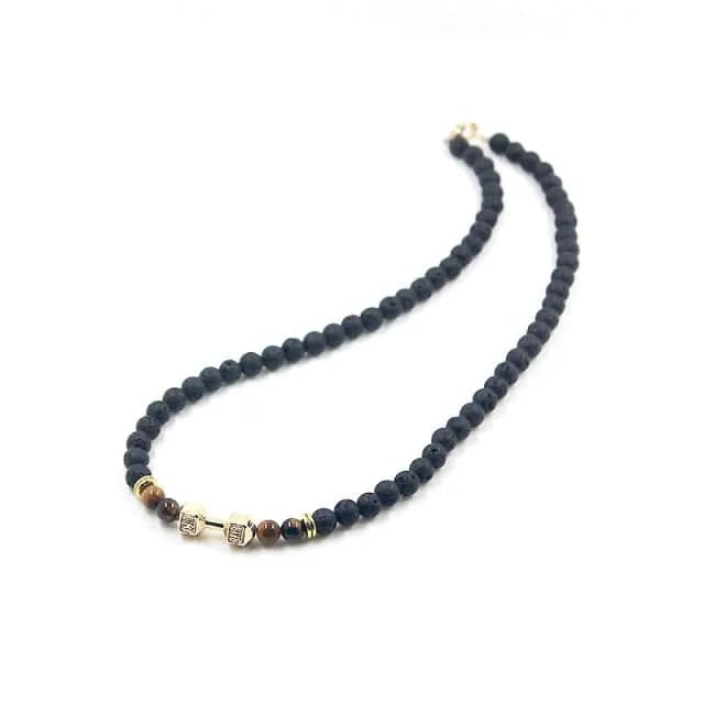 Stone Rose Gold Silver Color Barbell Men Necklace Beaded Matte Balck Beads - TheWellBeing4All