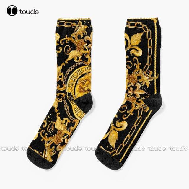 Golden Lion And Damask Ornament. Luxury Design. Gold Lace Watercolor Hand Drawn Textile Background. Socks Mens Black Socks Sock - TheWellBeing4All