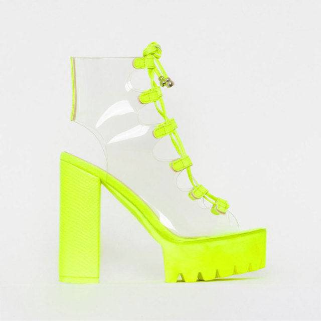 Neon Green PVC Jelly Sandals Open Toe Lace-up Gladiator High Heels Summer Shoes Platform Heel Transparent Sandals Big Size 42 - TheWellBeing4All