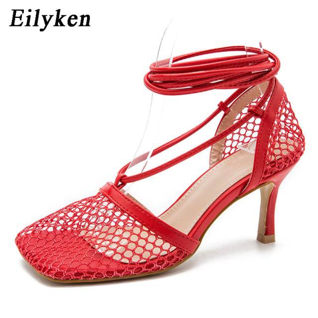 Mesh Pumps sandals Female Square Toe high heel Lace Up Cross-tied Stiletto hollow Dress Pumps shoes - TheWellBeing4All