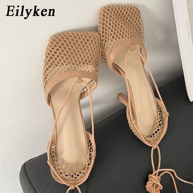 Mesh Pumps sandals Female Square Toe high heel Lace Up Cross-tied Stiletto hollow Dress Pumps shoes - TheWellBeing4All