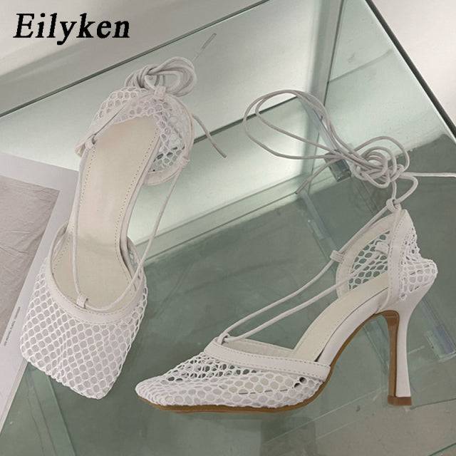 Mesh Pumps sandals Female Square Toe high heel Lace Up Cross-tied Stiletto hollow Dress Pumps shoes - TheWellBeing4All