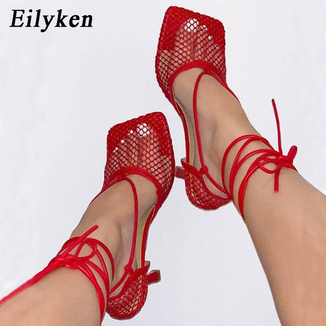 Mesh Pumps sandals Female Square Toe high heel Lace Up Cross-tied Stiletto hollow Dress Pumps shoes - TheWellBeing4All