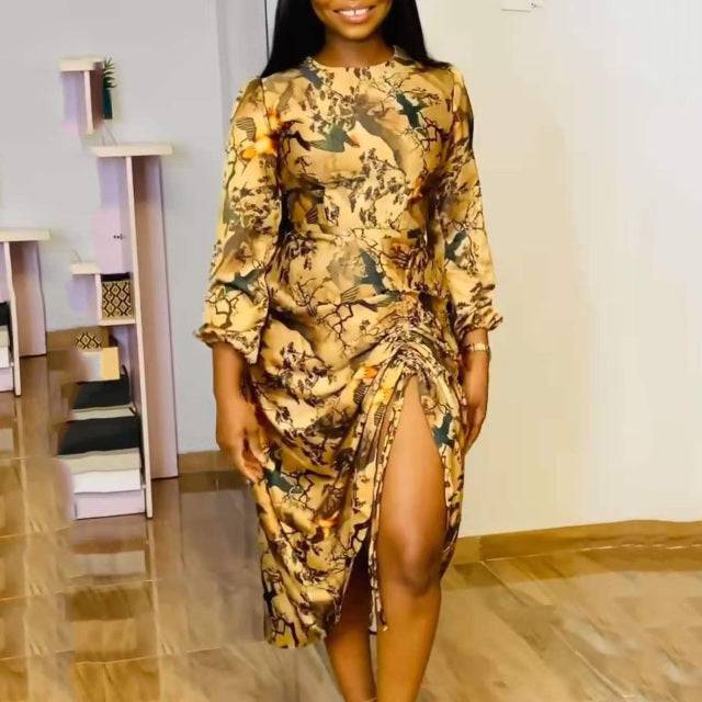 Vintage Printed Long Sleeve High Waist Asymmetrical Mid Calf Elegant Evening Night Party Dress - TheWellBeing4All