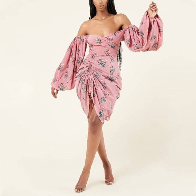 Vintage Printed Long Sleeve High Waist Asymmetrical Mid Calf Elegant Evening Night Party Dress - TheWellBeing4All