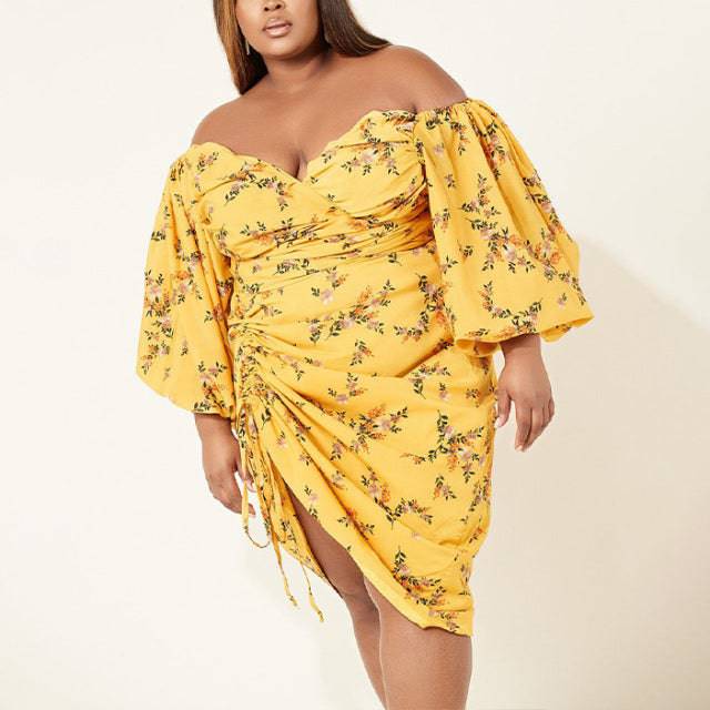 Vintage Printed Long Sleeve High Waist Asymmetrical Mid Calf Elegant Evening Night Party Dress - TheWellBeing4All