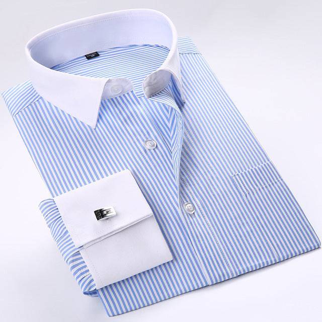 French Cufflinks Shirt Long Sleeve Slim Fit Button Cuff Men Dress Shirts - TheWellBeing4All