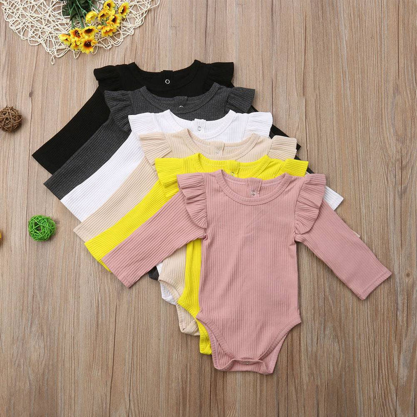 Newborn Infant Kids Baby Girls Boys Autumn Causal Bodysuits Ruffles Long Sleeve Solid Warm Jumpsuits Outfit 0-24M - TheWellBeing4All