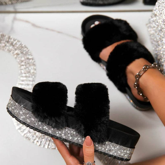 Slippers Rhinestone Wedges Fluffy Soft Furry Slides Outdoor Beach Luxury Sexy Shoes - TheWellBeing4All