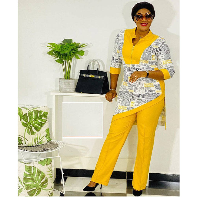 Latest Fall Clothes For Women Stand-up Collar Half Sleeve Two Pieces Suit Irregular Hem Letters Print Fashion Pants Sets African - TheWellBeing4All