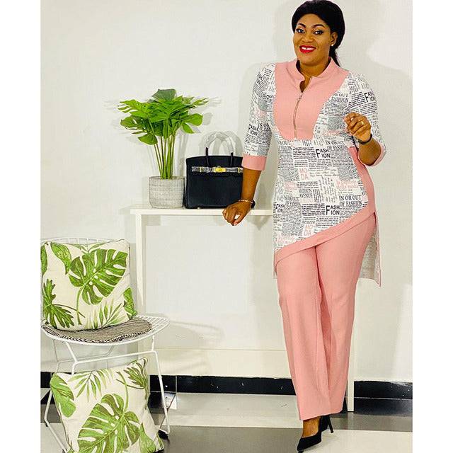 Latest Fall Clothes For Women Stand-up Collar Half Sleeve Two Pieces Suit Irregular Hem Letters Print Fashion Pants Sets African - TheWellBeing4All