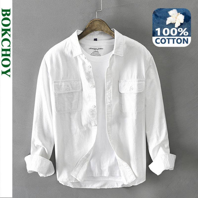 White Long Sleeve Shirt Pure Cotton Retro Style Button Up Pocket - TheWellBeing4All