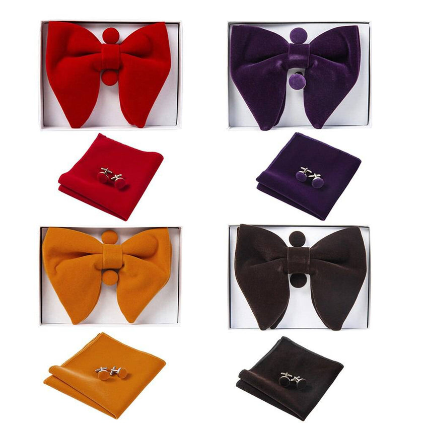 Ricnais Velvet Big Bow Tie Men's Bowties Pocket Square Cufflinks Set Solid Red Blue Handkerchief Necktie - TheWellBeing4All