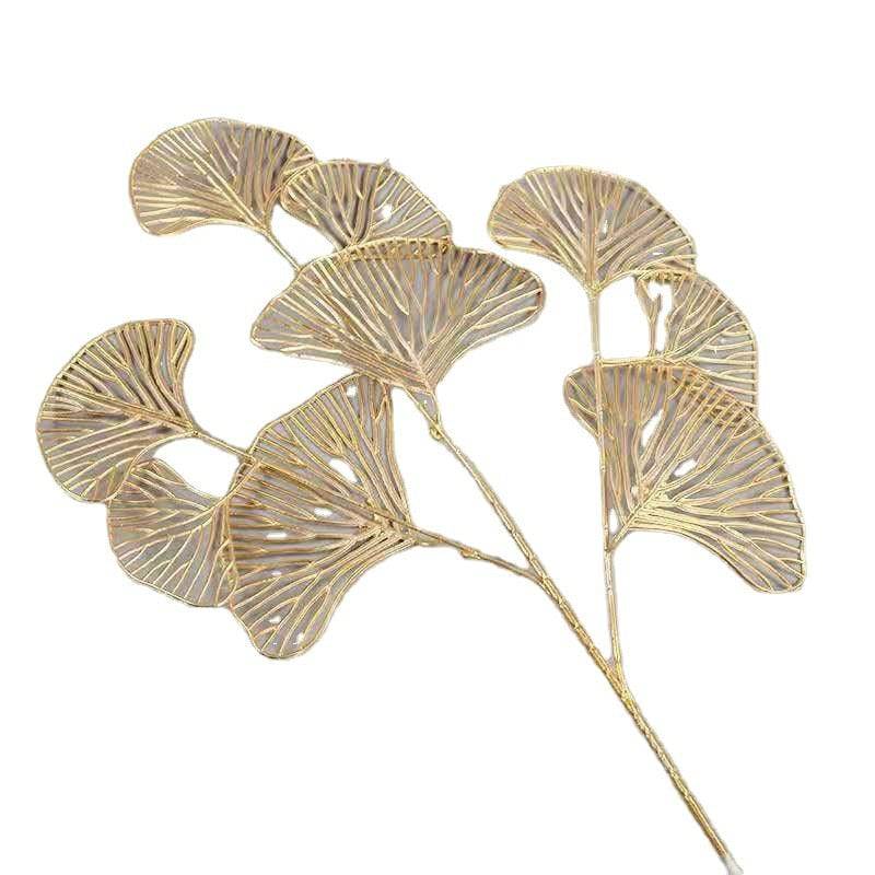 Three-pronged Fan Leaf Netting Artificial Gold Ginkgo Eucalyptus Holly For Wedding Arch Flower Arrangement1PC - TheWellBeing4All