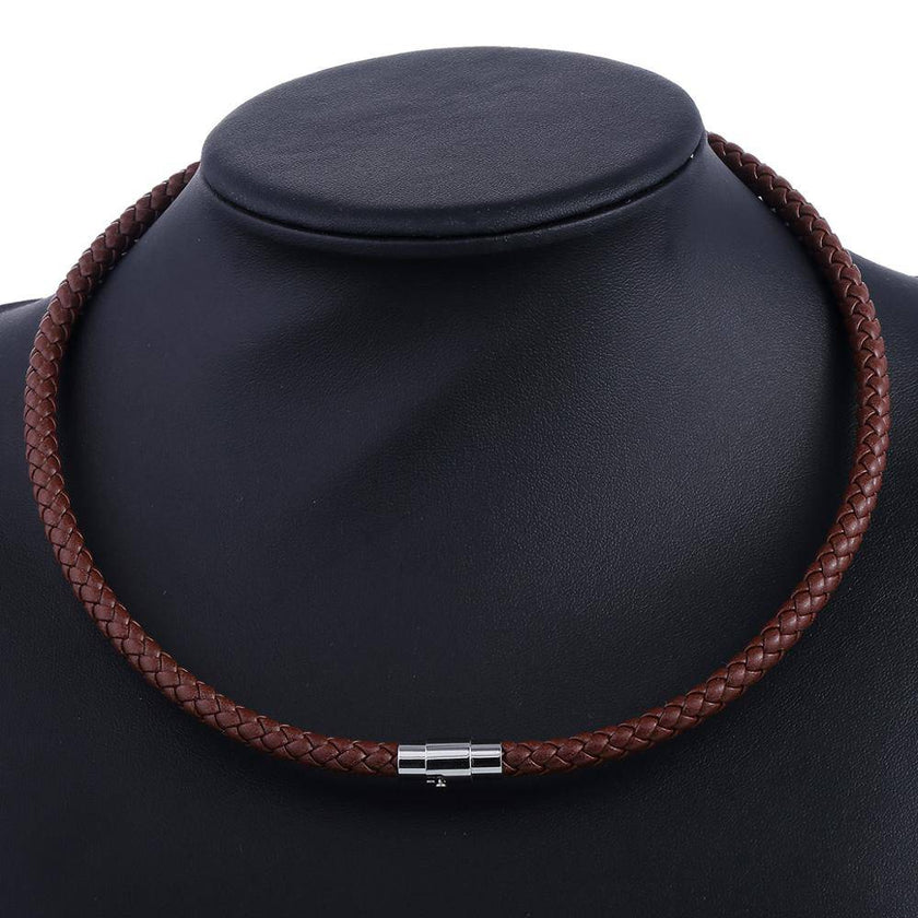 Men's Leather Choker Brown Black Braided Rope Chain Necklace For Men Boys Stainless Steel Clasp Male Jewelry - TheWellBeing4All