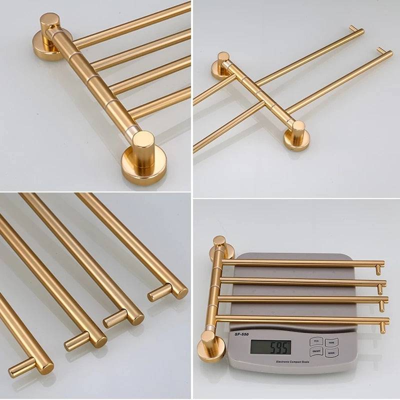 European Golden Aluminum Alloy Rotating Towel Rack Bathroom Rail Hanger Brass Towel Holder Swivel Bars L Wall Mounted 35cm - TheWellBeing4All