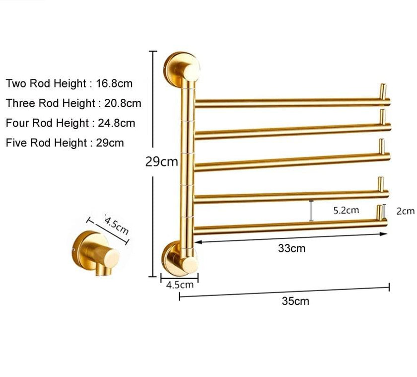 European Golden Aluminum Alloy Rotating Towel Rack Bathroom Rail Hanger Brass Towel Holder Swivel Bars L Wall Mounted 35cm - TheWellBeing4All