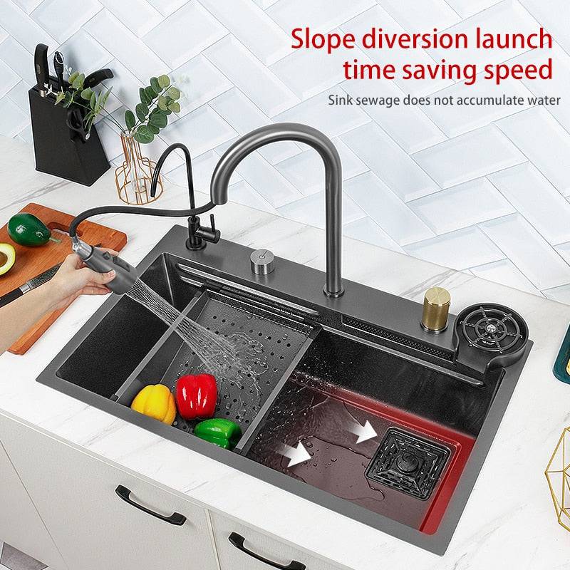 Hidden waterfall Sink Undermount Kitchen sink Single Bowl Stainless Steel Sink Set Workstation Sink With Basket Strainer Drain - TheWellBeing4All