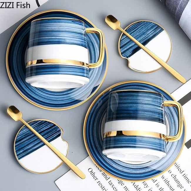 Nordic Style Coffee Mug Set Ceramic Coffee Cup&Saucer with Lid and Spoon Creative - TheWellBeing4All