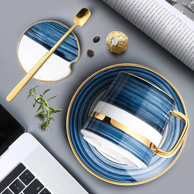 Nordic Style Coffee Mug Set Ceramic Coffee Cup&Saucer with Lid and Spoon Creative - TheWellBeing4All