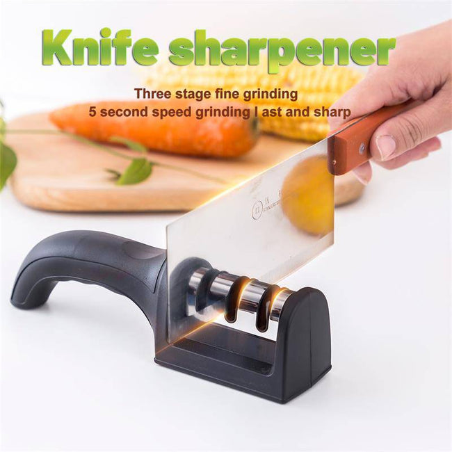 Kitchen 3 Segment Knife Sharpener Household Multi Functional Hand Held Three Purpose Black Sharpening Stone - TheWellBeing4All