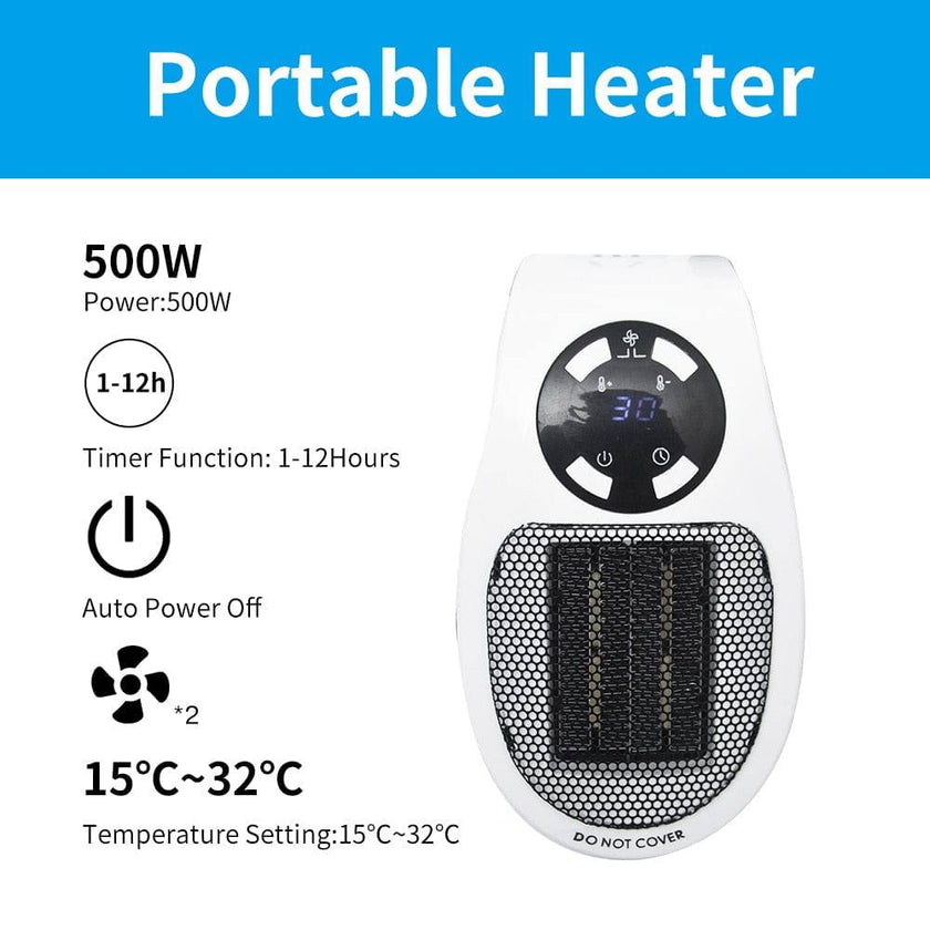 Portable Electric Heater Plug-in Wall Heater  Remote Warmer Machine 500W Device - TheWellBeing4All