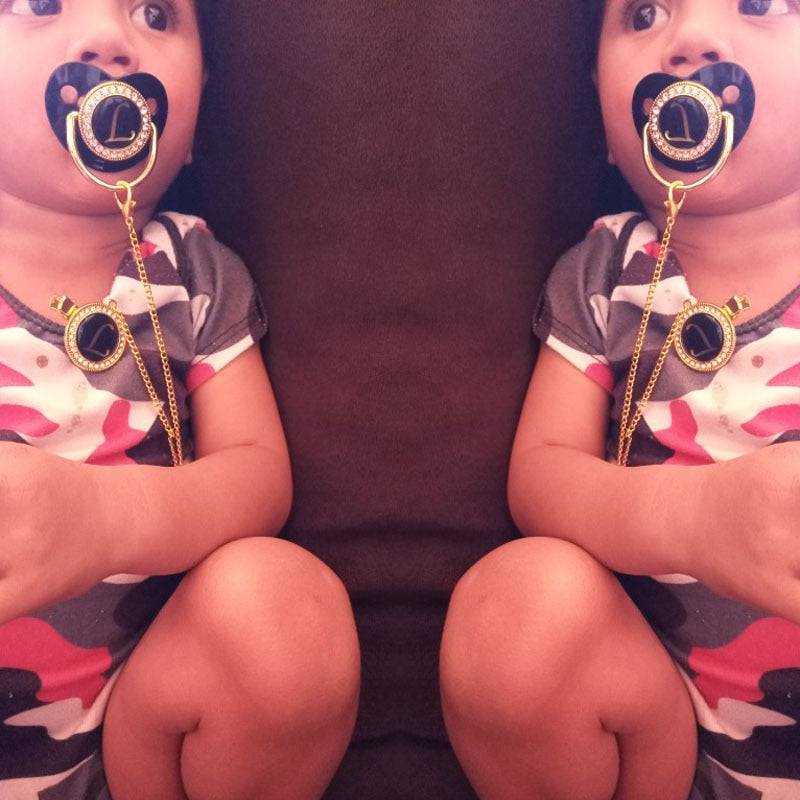 Black Bling Baby Pacifier And Clip Alphabet Letter M Infant Pacifier Gold Letter Unique Name Initials Baby Shower Gift - TheWellBeing4All