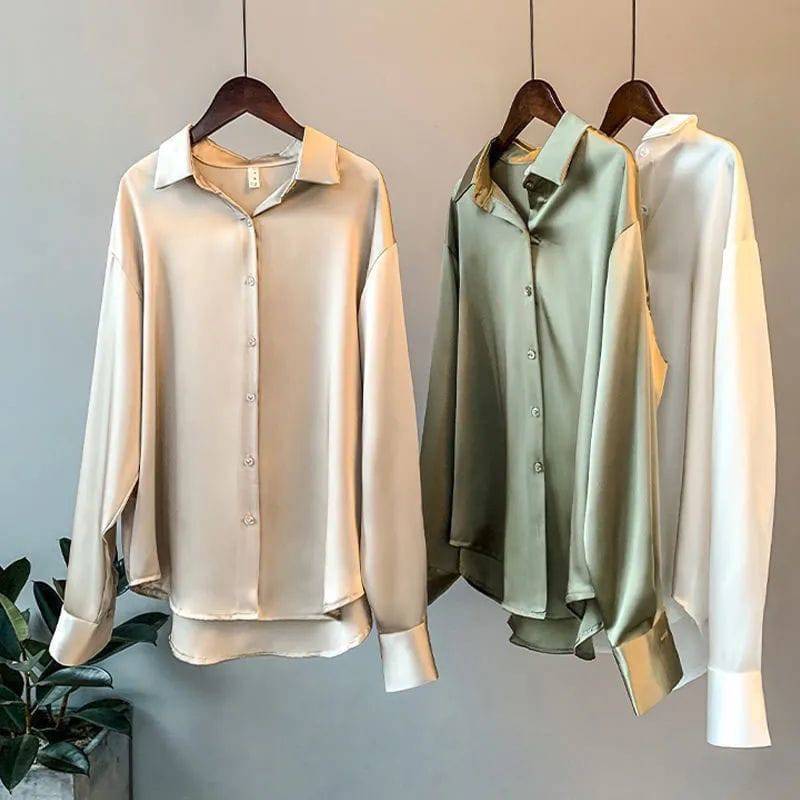 Women Silk Shirt Vintage Blouse Women Sheer Top Women Long Sleeve Dress Shirt Plus Size - TheWellBeing4All