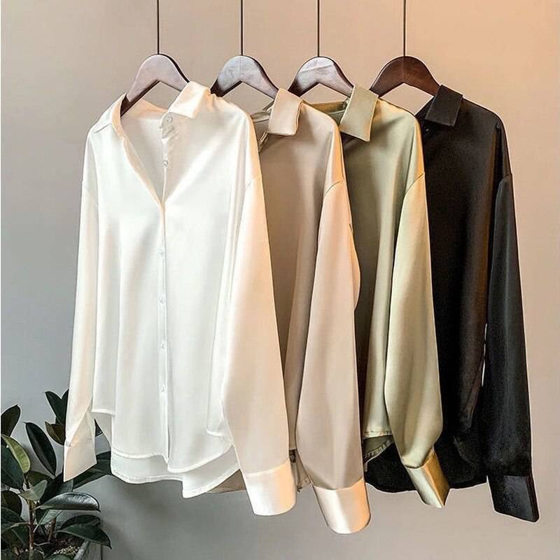Women Silk Shirt Vintage Blouse Women Sheer Top Women Long Sleeve Dress Shirt Plus Size - TheWellBeing4All