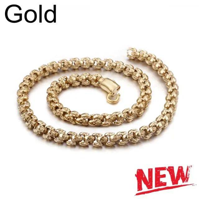 Long Skull Necklaces Men Stainless Steel Brushed Polished Gold Charm Link Chains - TheWellBeing4All