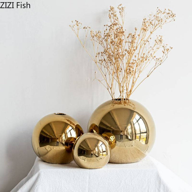 Plating Golden Ball Ceramic Vase Home Decoration Ornaments Crafts  Flower Pot Art Hydroponic Vases - TheWellBeing4All