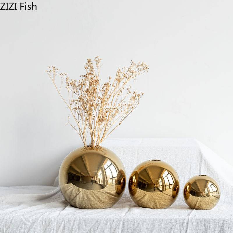 Plating Golden Ball Ceramic Vase Home Decoration Ornaments Crafts  Flower Pot Art Hydroponic Vases - TheWellBeing4All