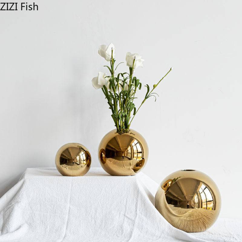 Plating Golden Ball Ceramic Vase Home Decoration Ornaments Crafts  Flower Pot Art Hydroponic Vases - TheWellBeing4All